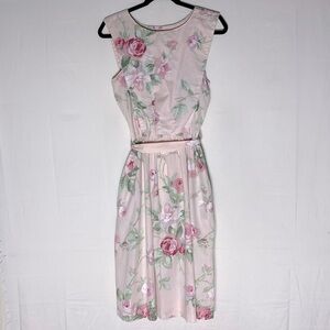 Vintage Light Pink Floral Sleeveless Midi Dress With Removable Bib/Pinafore M